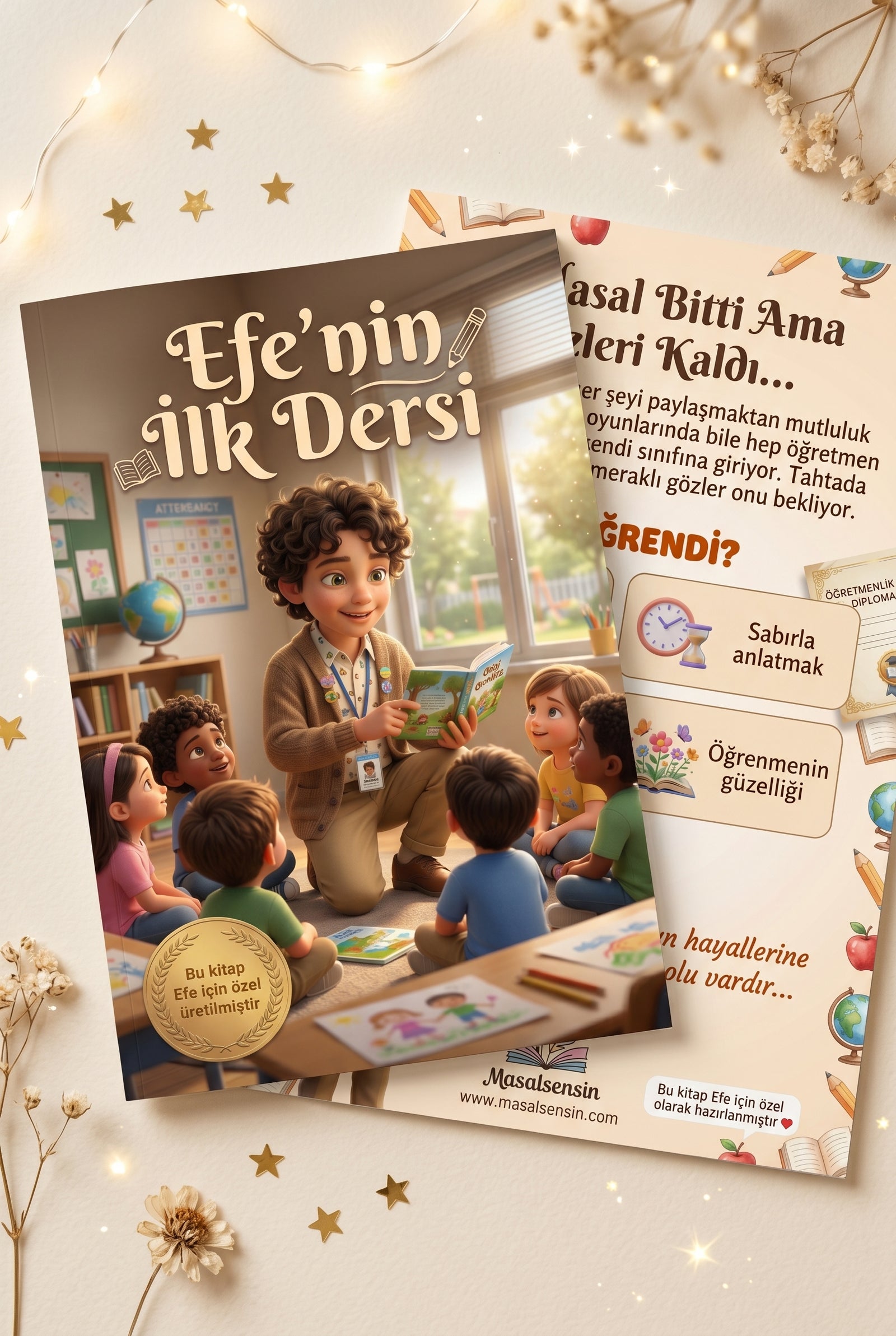 Efe'nin İlk Dersi çocuk kitabı ön ve arka kapak tasarımı birlikte — magazine format A4 paperback