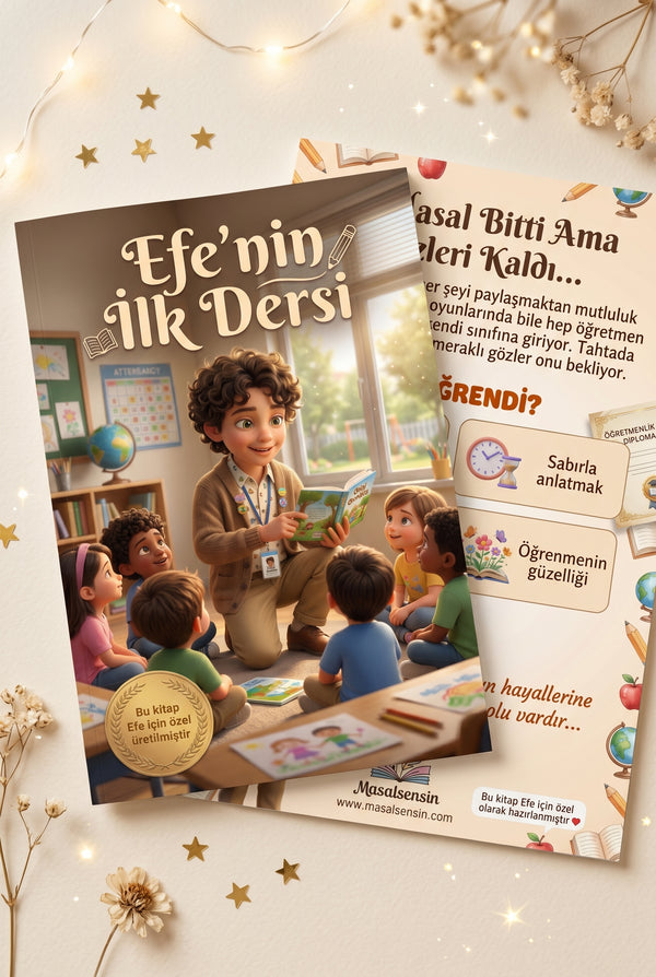 Efe'nin İlk Dersi çocuk kitabı ön ve arka kapak tasarımı birlikte — magazine format A4 paperback