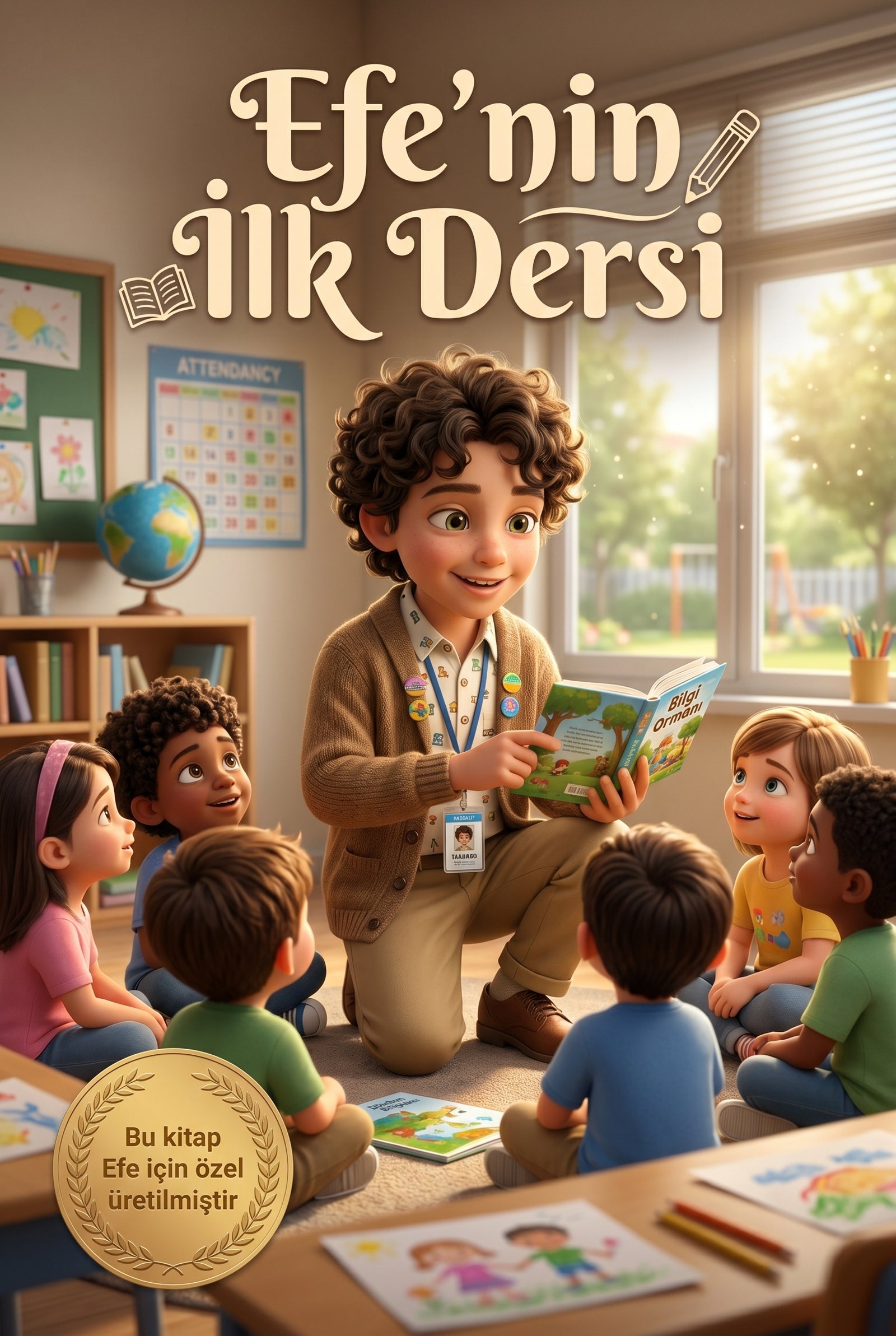 Efe'nin İlk Dersi isimli kişiye özel çocuk kitabı ön kapağı, Pixar 3D öğretmen temalı illüstrasyon