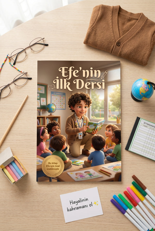 Ahşap masada açık duran Efe'nin İlk Dersi kişiye özel masalı, renkli yerküre ve kalemlerle birlikte
