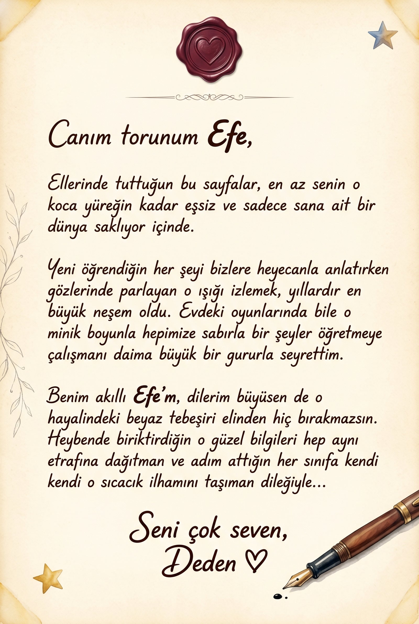Çocuğun adına özel yazılmış sevgi dolu ebeveyn hediye notu sayfası — benzersiz hatıra çocuk kitabı