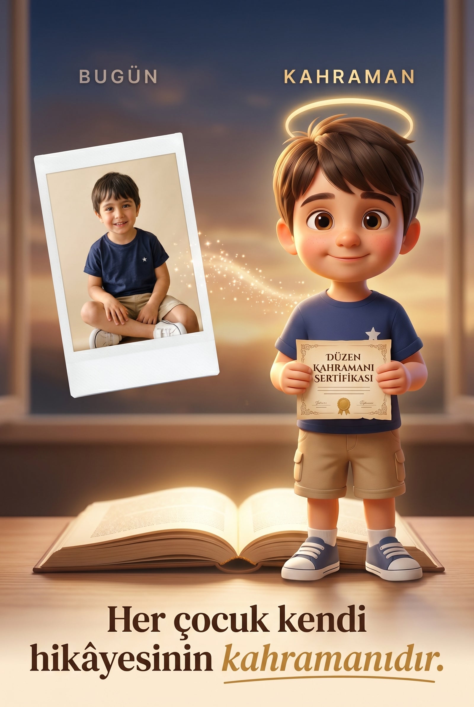 Çocuğun gerçek fotoğrafından Pixar 3D kahraman karakterine dönüşüm.