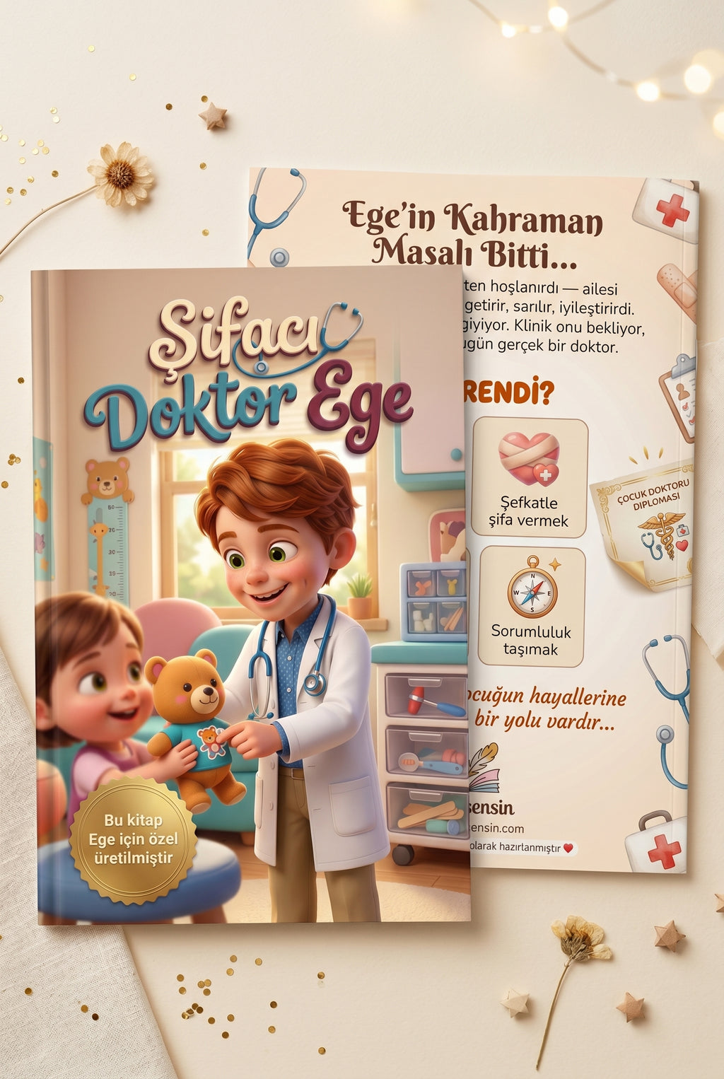 Şifacı Doktor Ege'nin kişiye özel kitabı ön ve arka kapak birlikte açık halde — A4 boyut kaliteli yumuşak kapak baskı