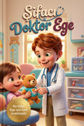 Şifacı Doktor Ege kişiye özel çocuk kitabı ön kapağı, beyaz önlüklü çocuk kahraman ve Pixar 3D illüstrasyon