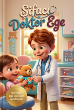 Şifacı Doktor Ege kişiye özel çocuk kitabı ön kapağı, beyaz önlüklü çocuk kahraman ve Pixar 3D illüstrasyon
