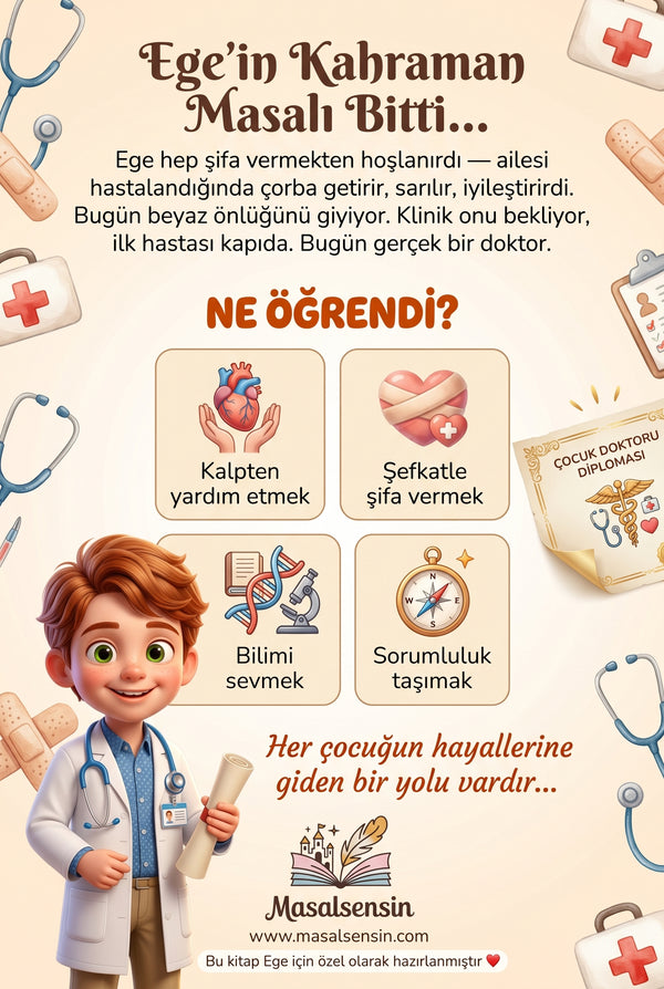 Şifacı Doktor Ege isimli kitabın arka kapağı — çocuklarda şefkatle şifa verme ve sorumluluk bilinci kazanımları