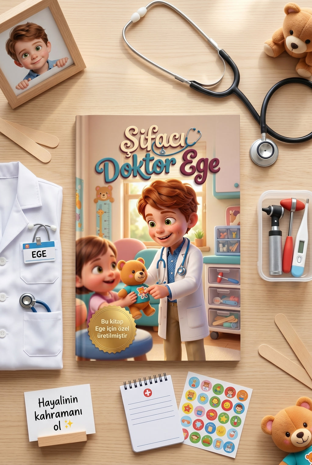 Kişiye özel doktor mesleği çocuk kitabı, oyuncak steteskop ve renkli yara bantlarıyla birlikte konsept masaüstü çekimi