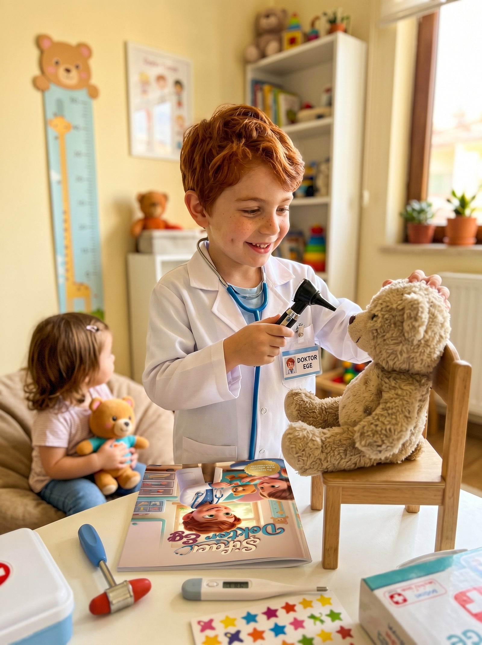 Ege uyumadan hemen önce yatağında kendi adının yazılı olduğu doktor masalını okurken — bedtime reading anı