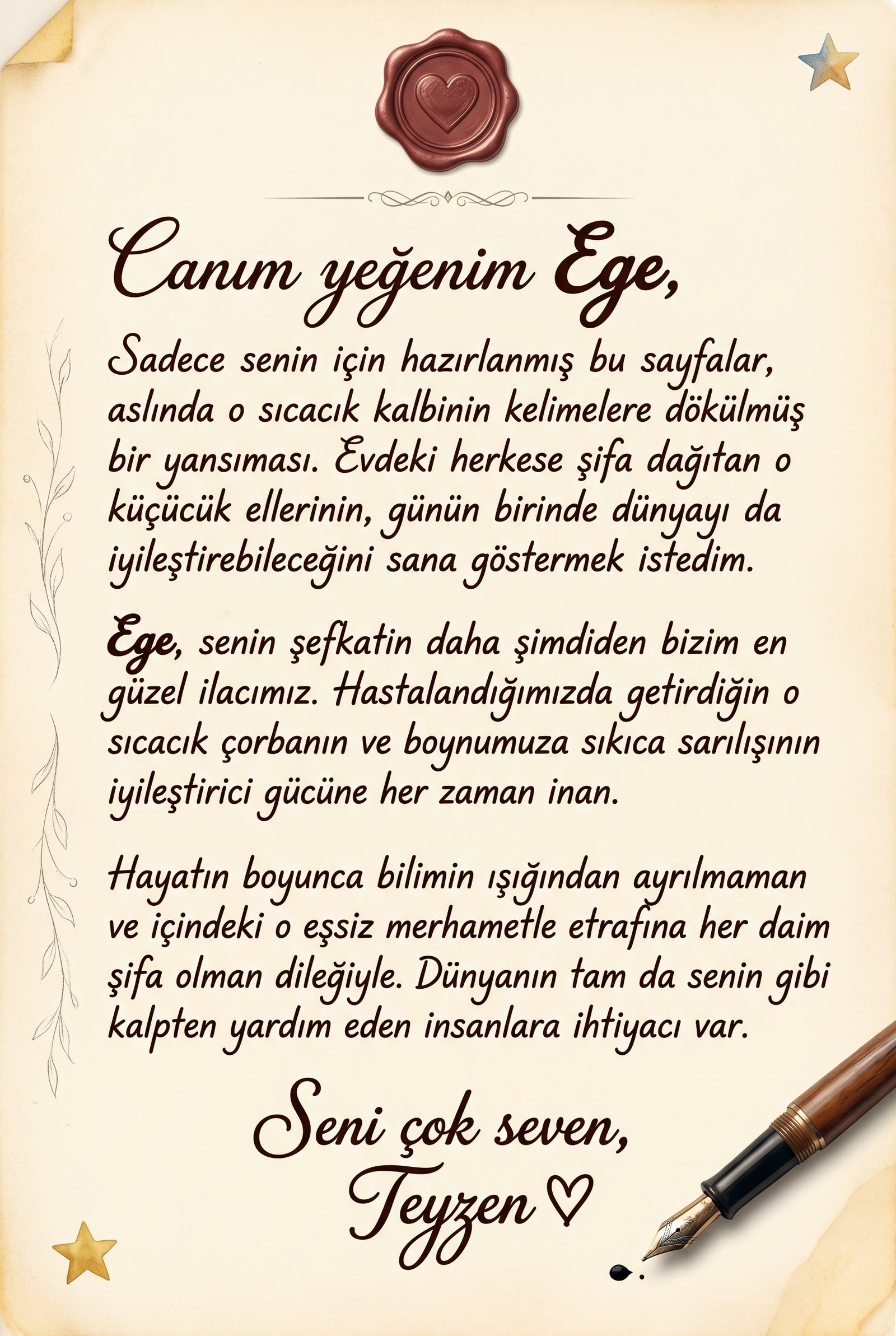 Ege'nin kliniğinde ilk küçük hastasına ait bilgileri not aldığı kişiye özel kitabın iç sayfası — empati kazanımı