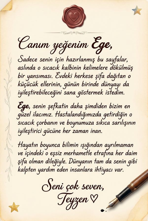 Ege'nin kliniğinde ilk küçük hastasına ait bilgileri not aldığı kişiye özel kitabın iç sayfası — empati kazanımı