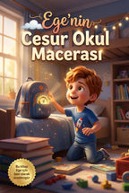 Ege'nin Cesur Okul Macerası kişiye özel çocuk kitabı için hazırlanmış, Ege'nin okul bahçesinde gülümsediği ön kapak tasarımı.