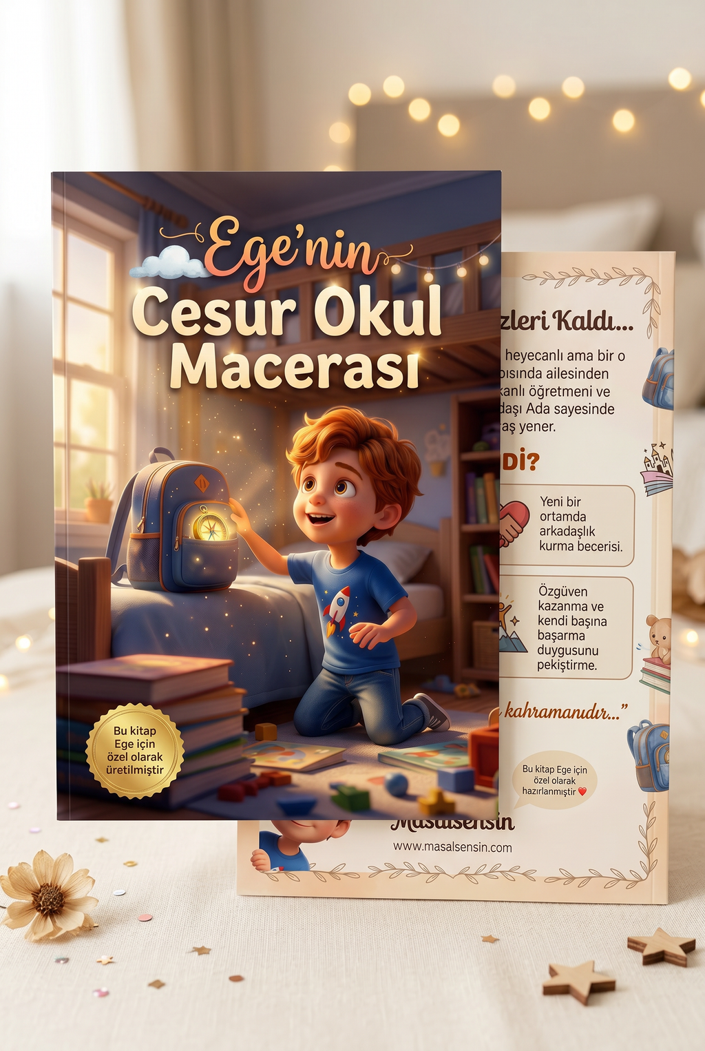 Ege için hazırlanan kişiselleştirilmiş hikaye kitabının ön ve arka kapaklarının A4 boyutunda yan yana görünümü.