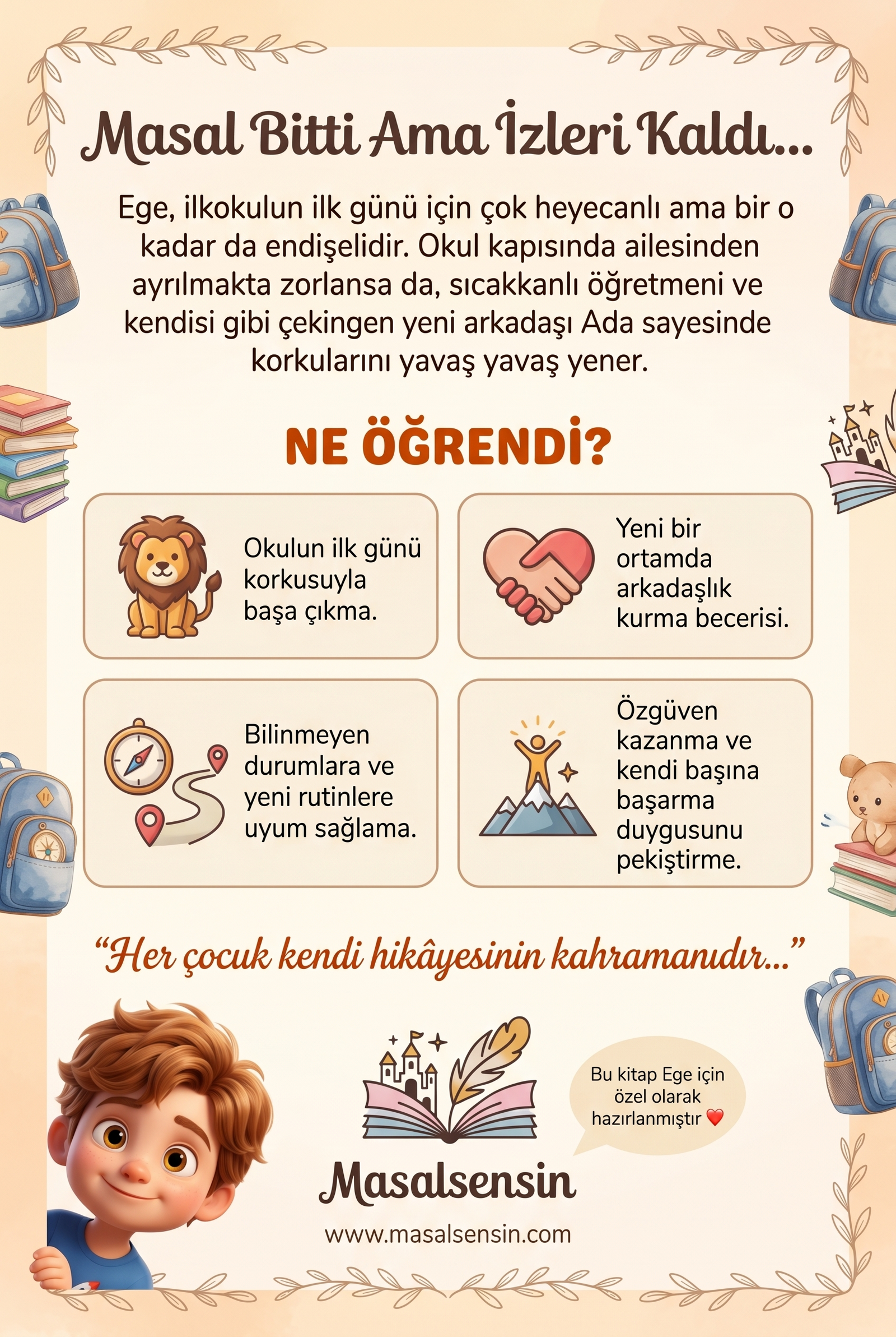 İsme özel okul hikayesi kitabının arka kapağı, Ege'nin arkadaşı Ada ile salıncakta sallandığı illüstrasyon ve hikaye özeti.