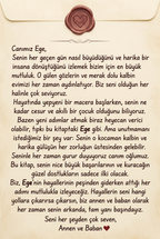 'Ege'ye sevgilerle' yazılı, hediye eden kişinin özel notunu ekleyebileceği kişiselleştirilmiş ithaf sayfası.