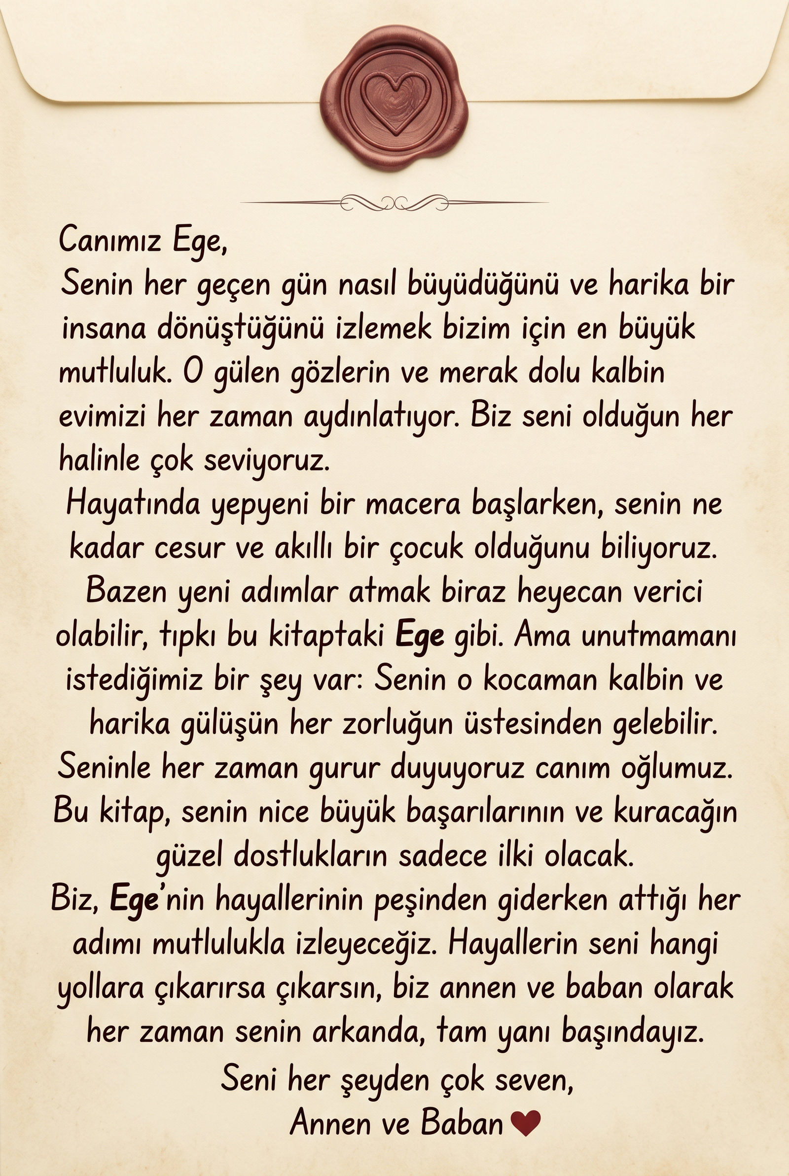 'Ege'ye sevgilerle' yazılı, hediye eden kişinin özel notunu ekleyebileceği kişiselleştirilmiş ithaf sayfası.