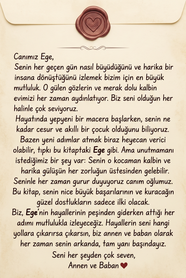 'Ege'ye sevgilerle' yazılı, hediye eden kişinin özel notunu ekleyebileceği kişiselleştirilmiş ithaf sayfası.