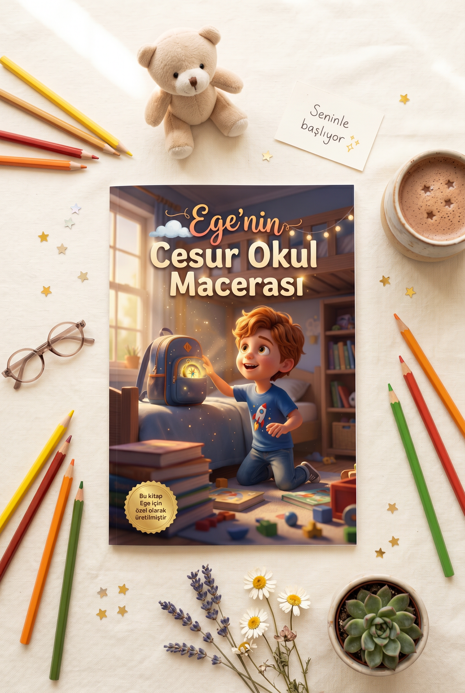 Kişiye özel 'Ege'nin Cesur Okul Macerası' kitabı, yanında boya kalemleri ve okul çantasıyla birlikte masanın üzerinde duruyor.