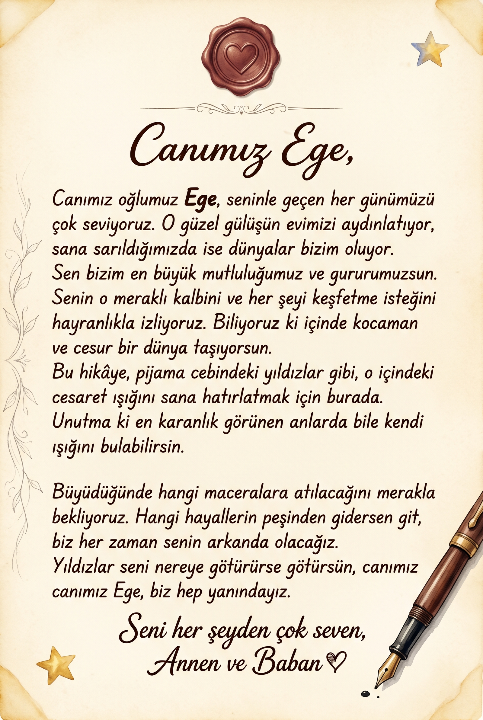 Kitabın ilk sayfasında yer alan 'Canım Ege'ye...' diye başlayan kişisel hediye notu ve ithaf bölümü.