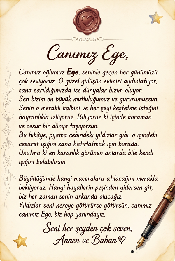 Kitabın ilk sayfasında yer alan 'Canım Ege'ye...' diye başlayan kişisel hediye notu ve ithaf bölümü.