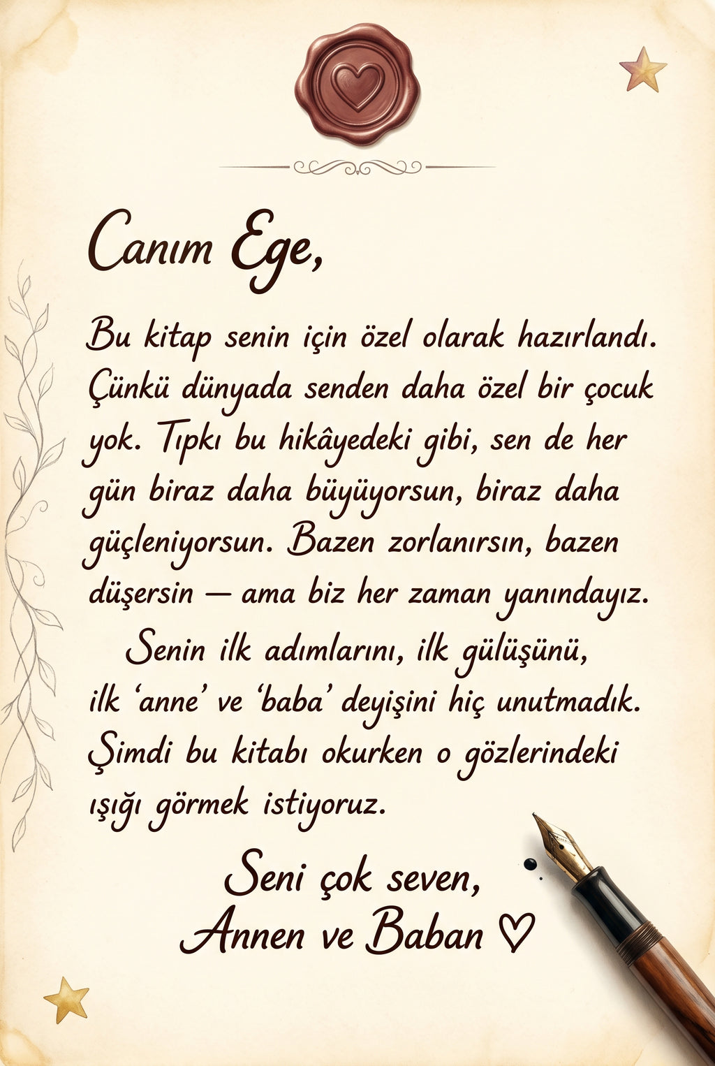 Ebeveynlerden Ege'ye yazılmış özel ithaf sayfası - uyku öncesi bebek masalları kalıcı hediye notu