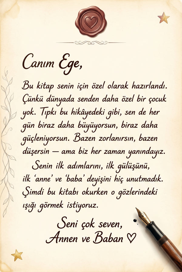 Ebeveynlerden Ege'ye yazılmış özel ithaf sayfası - uyku öncesi bebek masalları kalıcı hediye notu