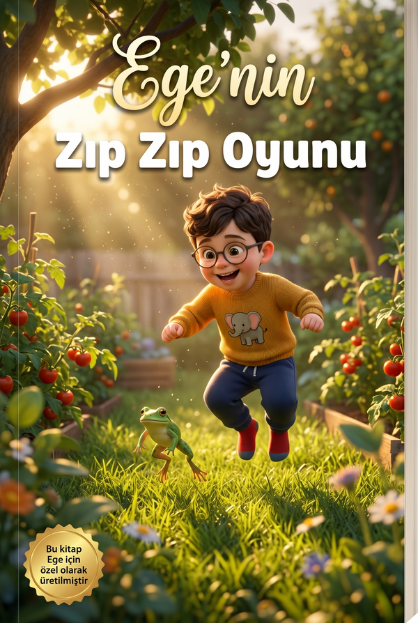 Ege'nin Zıp Zıp Oyunu kişiye özel çocuk kitabı ön kapağı, kurbağa ile zıplayan sevimli 3D illüstrasyon