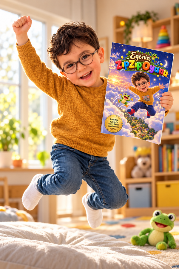 Ege kendi adının yazılı olduğu kişiye özel kitabı gösteriyor