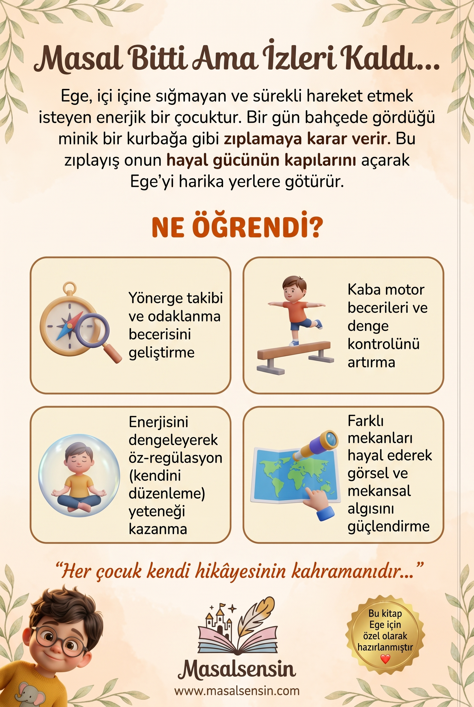 Ege isimli kitabın arka kapağı - öz-regülasyon ve motor becerileri kazandıran eğitici çocuk masalı