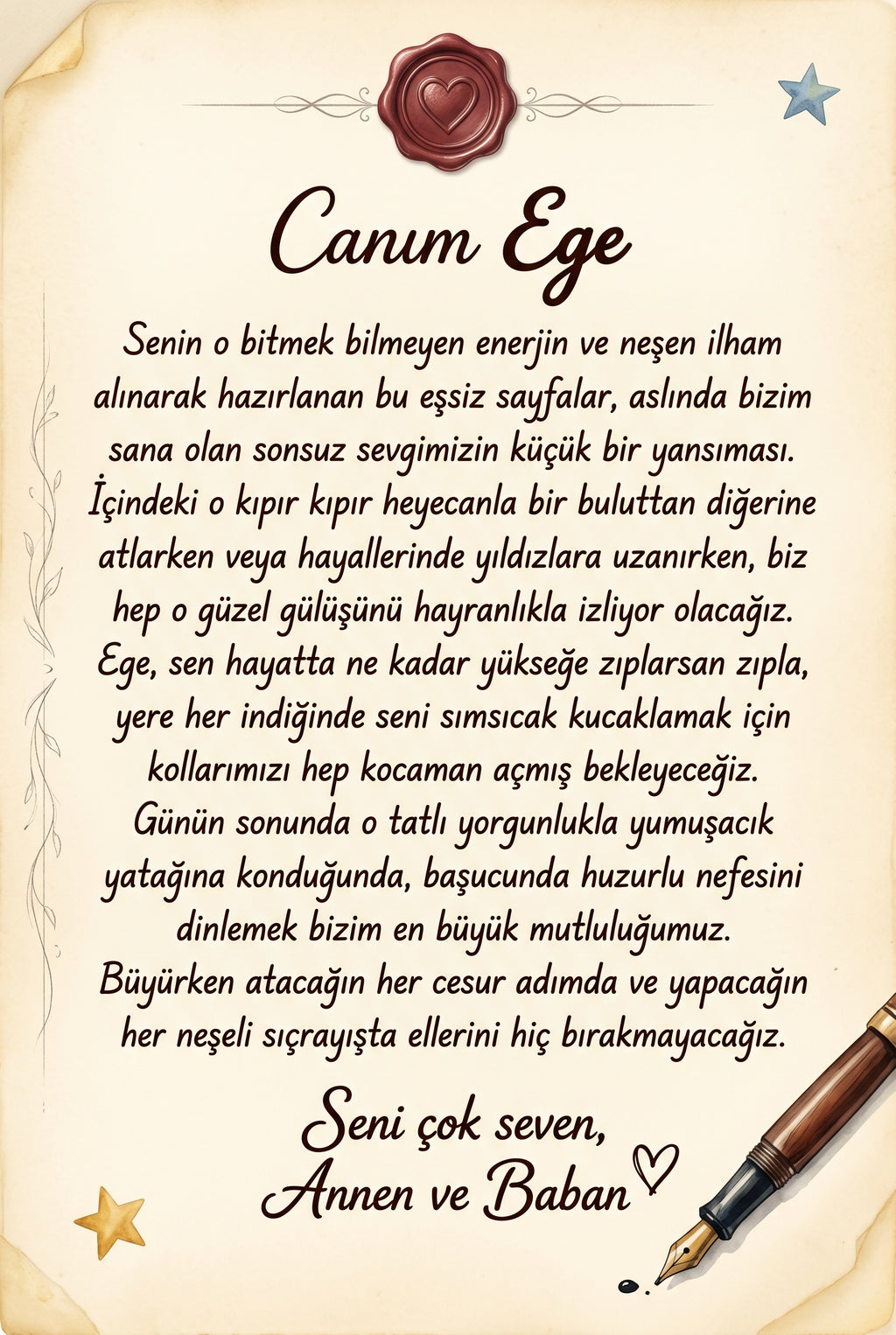 Ege için hediye notu sayfası - büyükanne ve teyzeden doğum günü mesajı içeren özel kitap başlangıcı