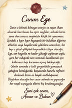 Ege için hediye notu sayfası - büyükanne ve teyzeden doğum günü mesajı içeren özel kitap başlangıcı