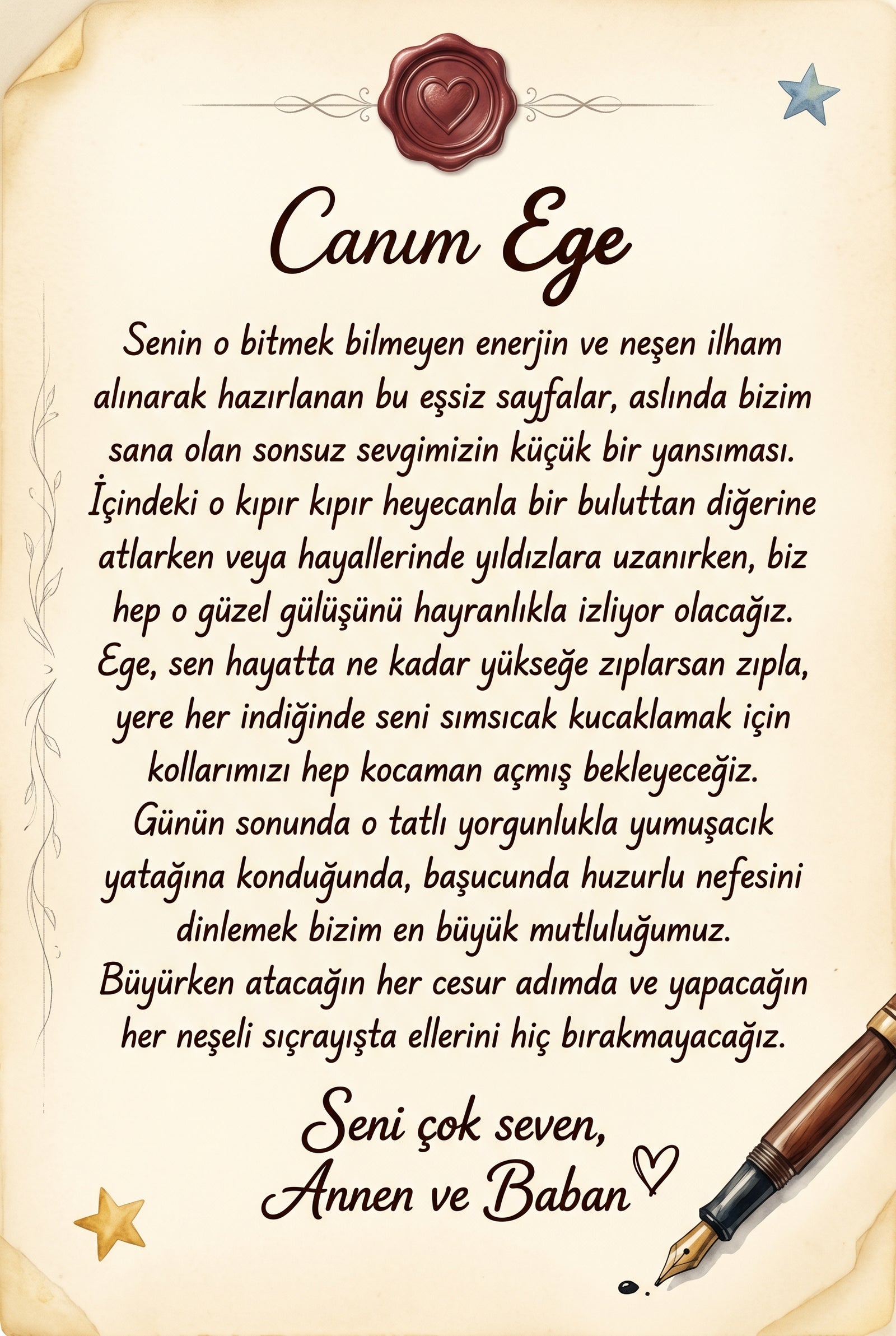 Ege için hediye notu sayfası - büyükanne ve teyzeden doğum günü mesajı içeren özel kitap başlangıcı