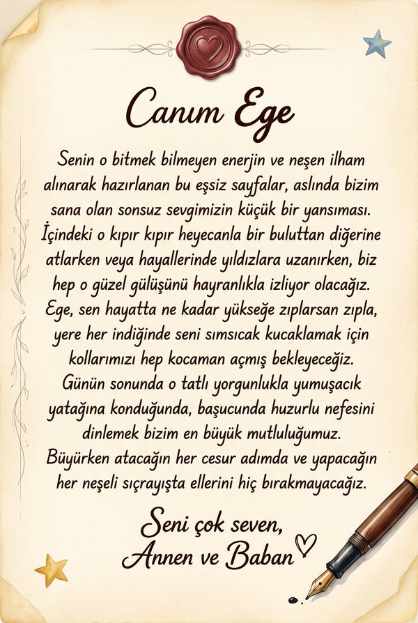 Ege için hediye notu sayfası - büyükanne ve teyzeden doğum günü mesajı içeren özel kitap başlangıcı