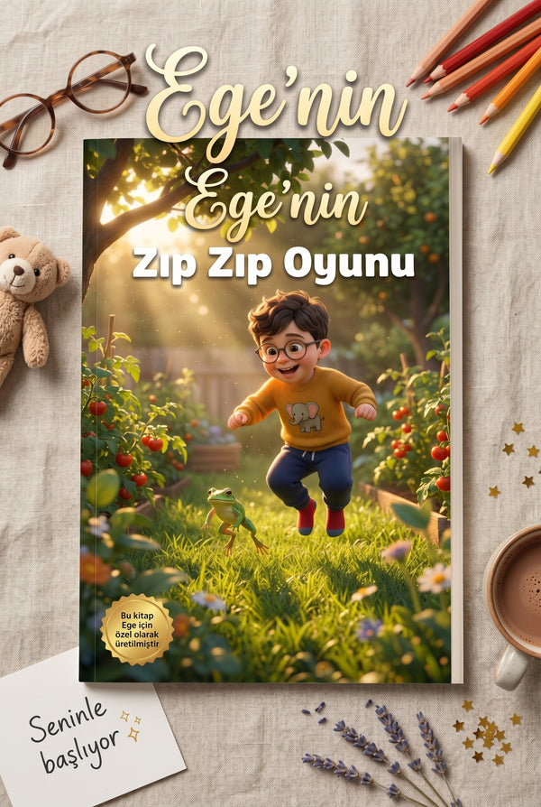 Ege'nin Zıp Zıp Oyunu kitabı, okyanus ve uzay sahneleri açık şekilde masada dekoratif düz çekim