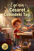 Kişiye özel çocuk kitabı 'Ege'nin Cesaret Cebindeki Taşı' ön kapağı ve okul bahçesindeki Ege'nin renkli illüstrasyonu.