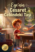 Kişiye özel çocuk kitabı 'Ege'nin Cesaret Cebindeki Taşı' ön kapağı ve okul bahçesindeki Ege'nin renkli illüstrasyonu.