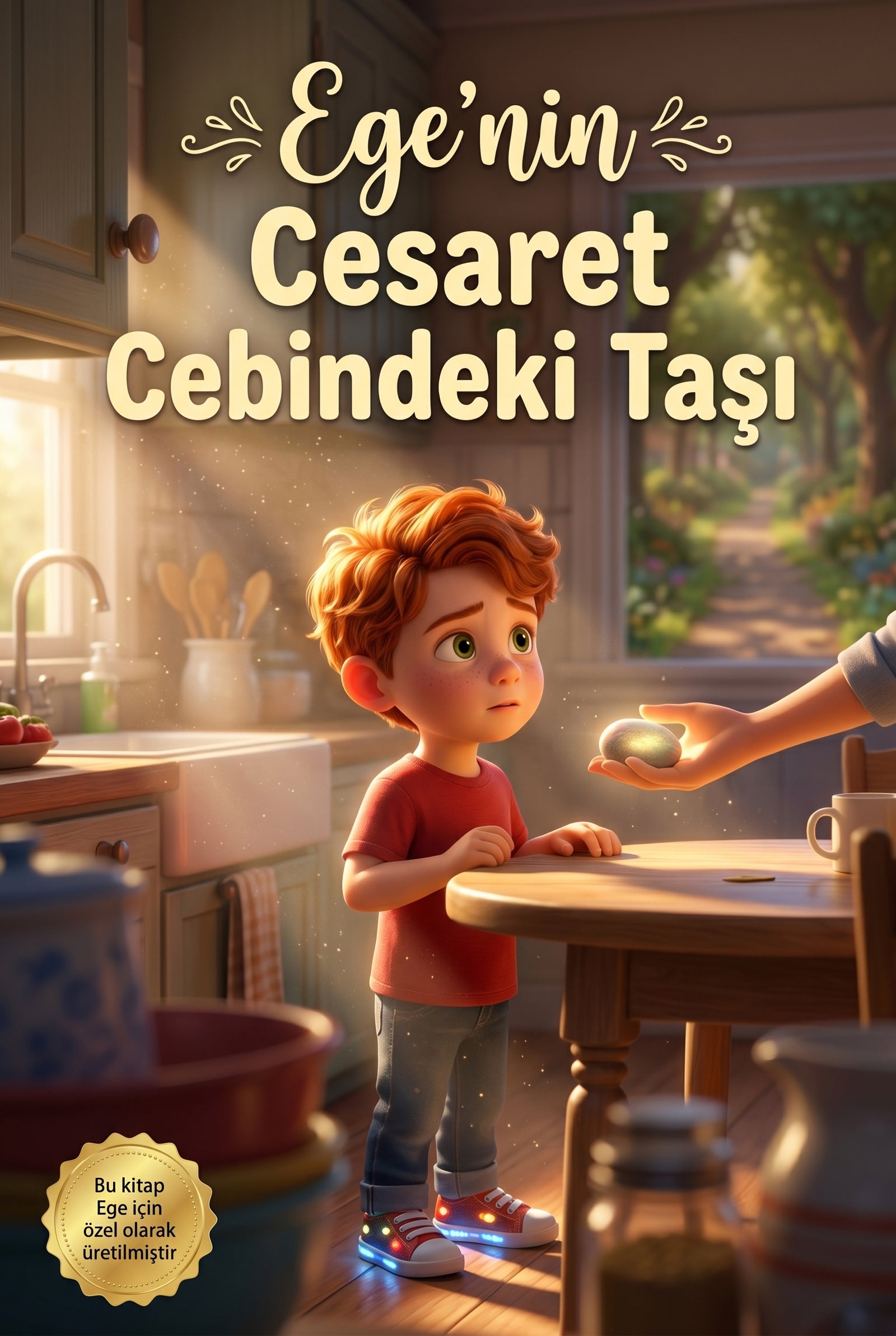 Kişiye özel çocuk kitabı 'Ege'nin Cesaret Cebindeki Taşı' ön kapağı ve okul bahçesindeki Ege'nin renkli illüstrasyonu.