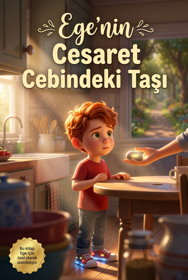 Kişiye özel çocuk kitabı 'Ege'nin Cesaret Cebindeki Taşı' ön kapağı ve okul bahçesindeki Ege'nin renkli illüstrasyonu.