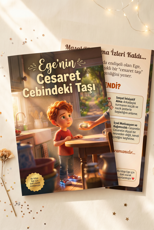 Ege için hazırlanan kişiye özel kitabın A4 boyutundaki ön ve arka kapakları, baskı kalitesini göstermek için yan yana sergileniyor.