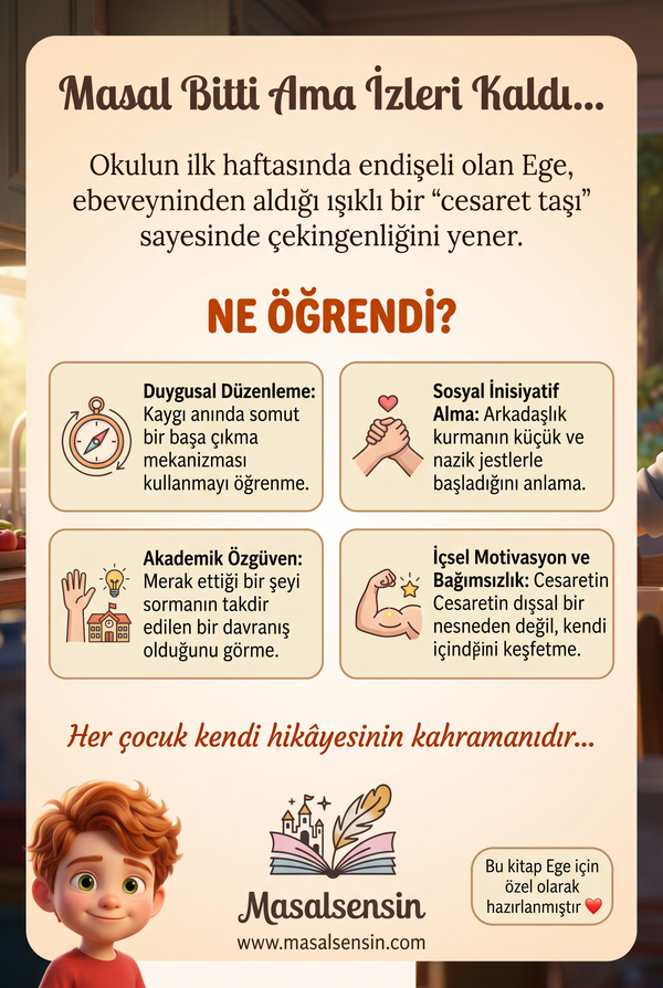 Ege'nin adına özel masal kitabının arka kapağı, duygusal düzenleme ve sosyal özgüven kazanımlarını ebeveynler için özetliyor.