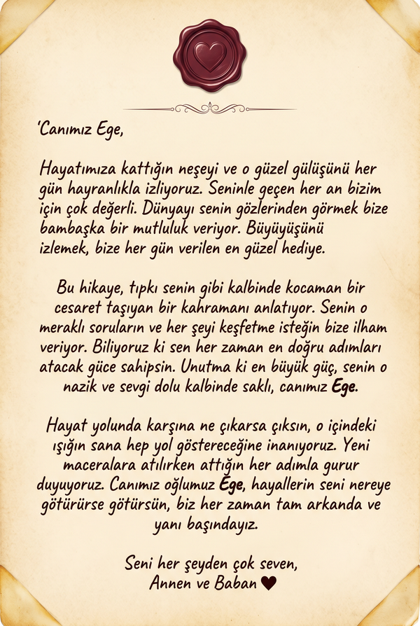 Kitabın ilk sayfasında yer alan 'Sevgili Ege'ye...' diye başlayan, hediye eden kişiye özel not alanı.