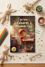 Kişiselleştirilmiş 'Ege'nin Cesaret Cebindeki Taşı' kitabı, içindeki not sayfası ve cesaret taşıyla birlikte masanın üzerinde duruyor.