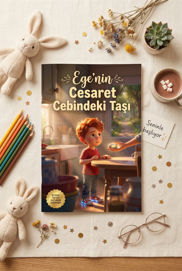 Kişiselleştirilmiş 'Ege'nin Cesaret Cebindeki Taşı' kitabı, içindeki not sayfası ve cesaret taşıyla birlikte masanın üzerinde duruyor.