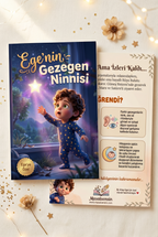 Kişiye özel 'Ege'nin Gezegen Ninnisi' kitabının A4 boyutundaki ön ve arka kapakları yan yana gösteriliyor.