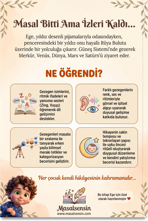 Ege için hazırlanan isme özel masal kitabının arka kapağı, duyusal gelişim ve uyku ritüeli faydalarını vurguluyor.