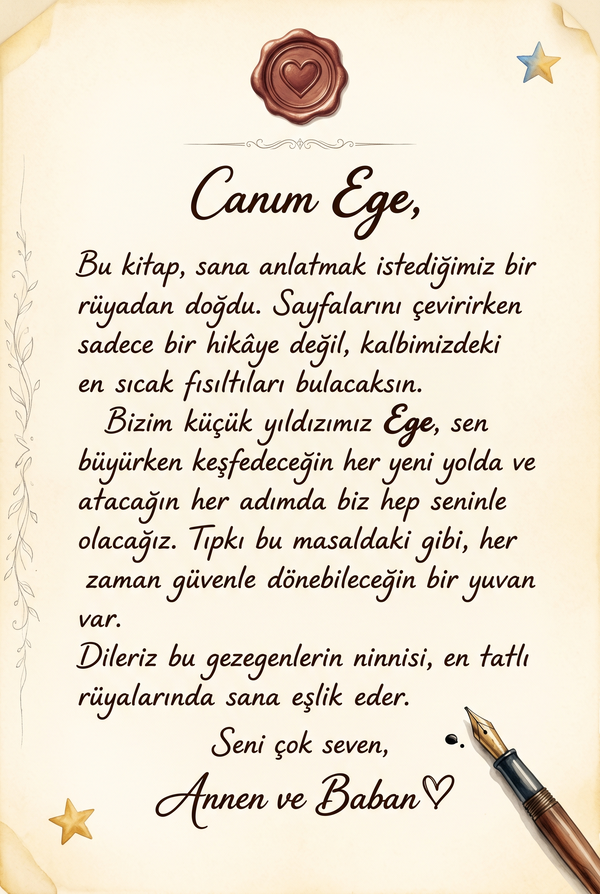 Kitabın ilk sayfasında yer alan 'Sevgili Ege'ye, yıldızlar kadar parlak rüyalar dileriz' yazılı kişisel hediye notu.