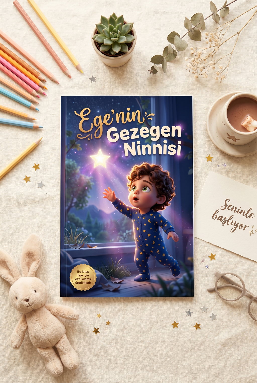 'Ege'nin Gezegen Ninnisi' kitabı, yıldızlı bir battaniye ve uyku arkadaşı ayıcıkla birlikte sanatsal bir düzende sergileniyor.