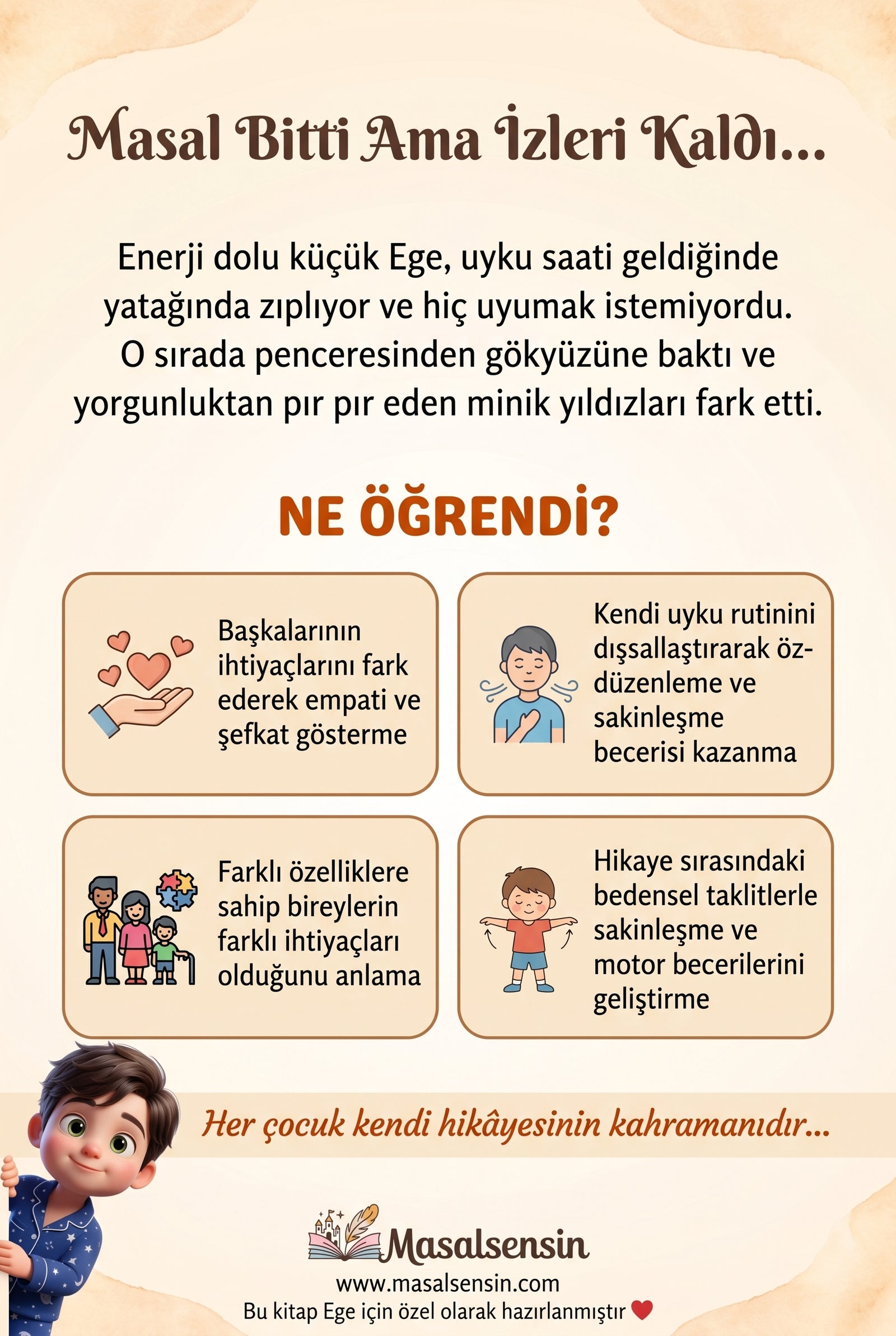 Ege isimli kitabın arka kapağı uyku rutini ve empati geliştirme kazanımlarını gösteren detay