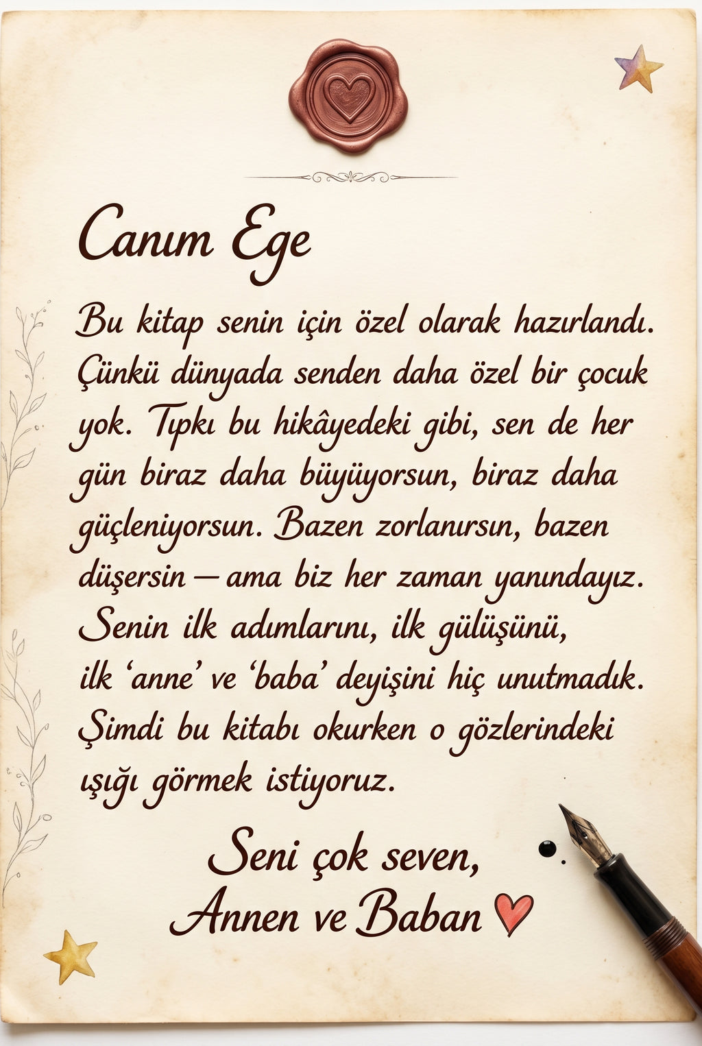 Hediye edilen çocuğa özel yazılmış ithaf ve sevgi notu sayfası doğum günü hediyesi detayı