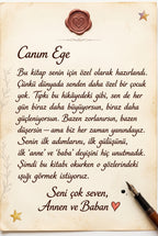 Hediye edilen çocuğa özel yazılmış ithaf ve sevgi notu sayfası doğum günü hediyesi detayı