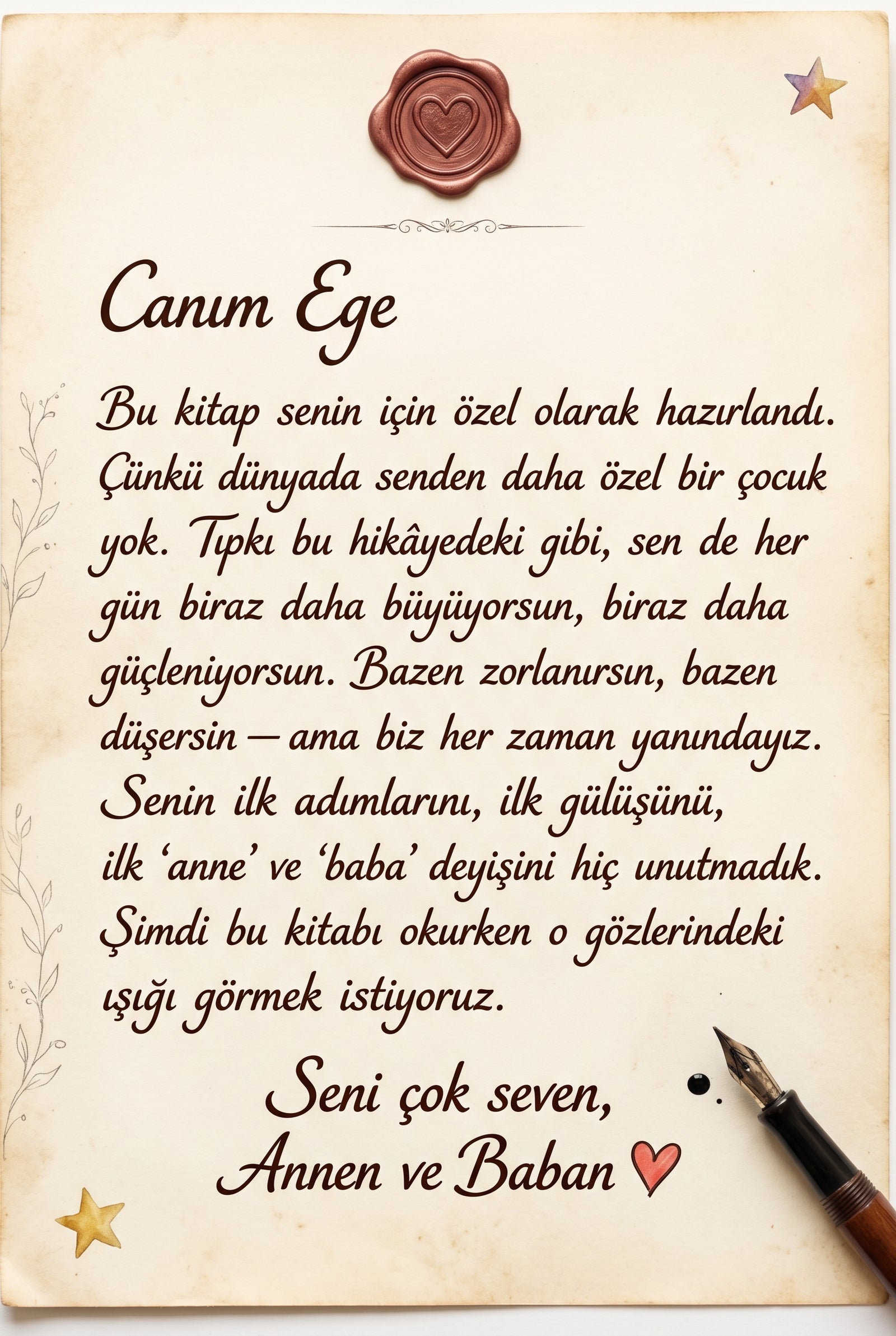 Hediye edilen çocuğa özel yazılmış ithaf ve sevgi notu sayfası doğum günü hediyesi detayı